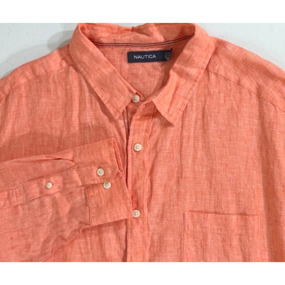 Nautica Linen Button Up Shirt XXL Tigerlily Orange Beach Coastal Vacation Office